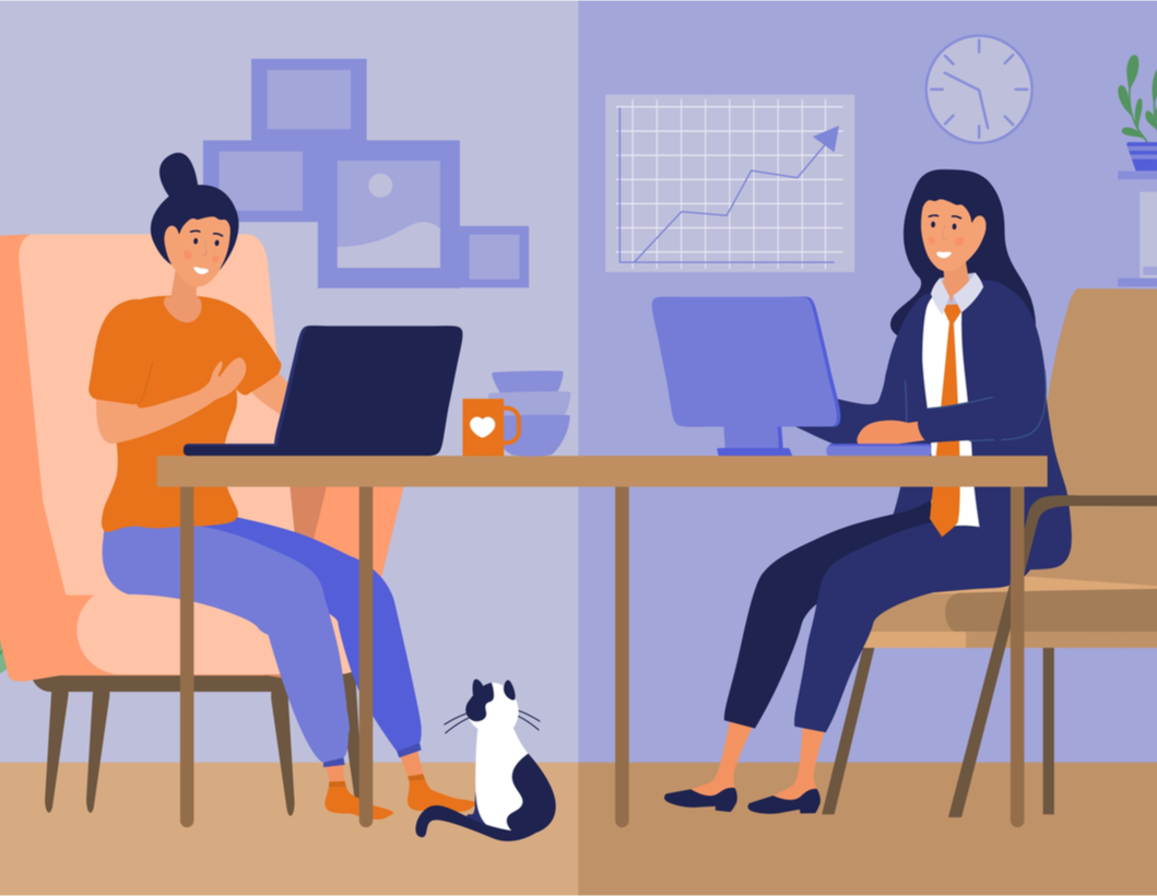 Illustration showing a woman working from home on the left hand side of the image and working in an office workplace on the right